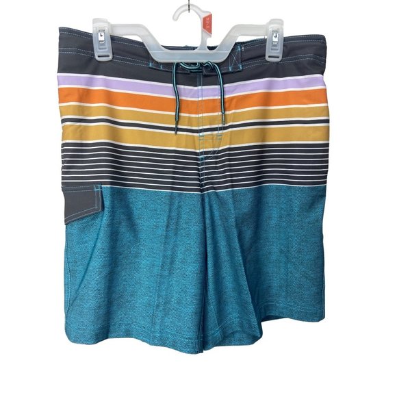 George Mens Multi Colored Striped Drawstring Waist With Pockets Swim Trunks With - Picture 1 of 7